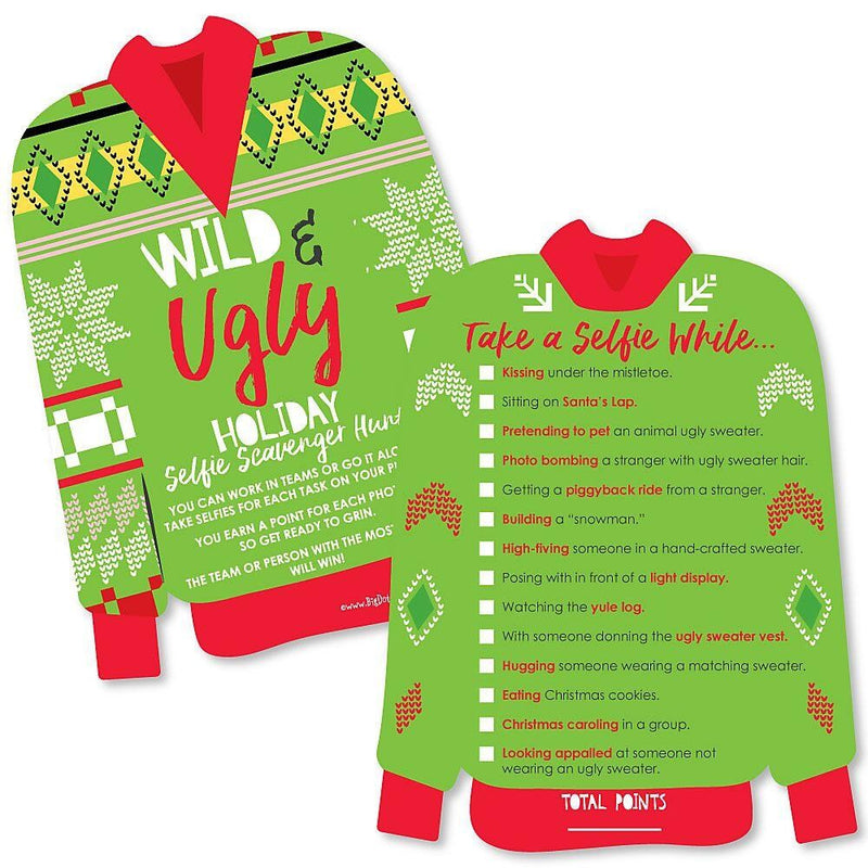 Wild and Ugly Sweater Party - Selfie Scavenger Hunt - Holiday and Christmas Animals Party Game - Set of 12