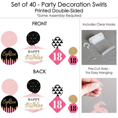 Chic 18th Birthday - Pink, Black and Gold - Birthday Party Hanging Decor - Party Decoration Swirls - Set of 40