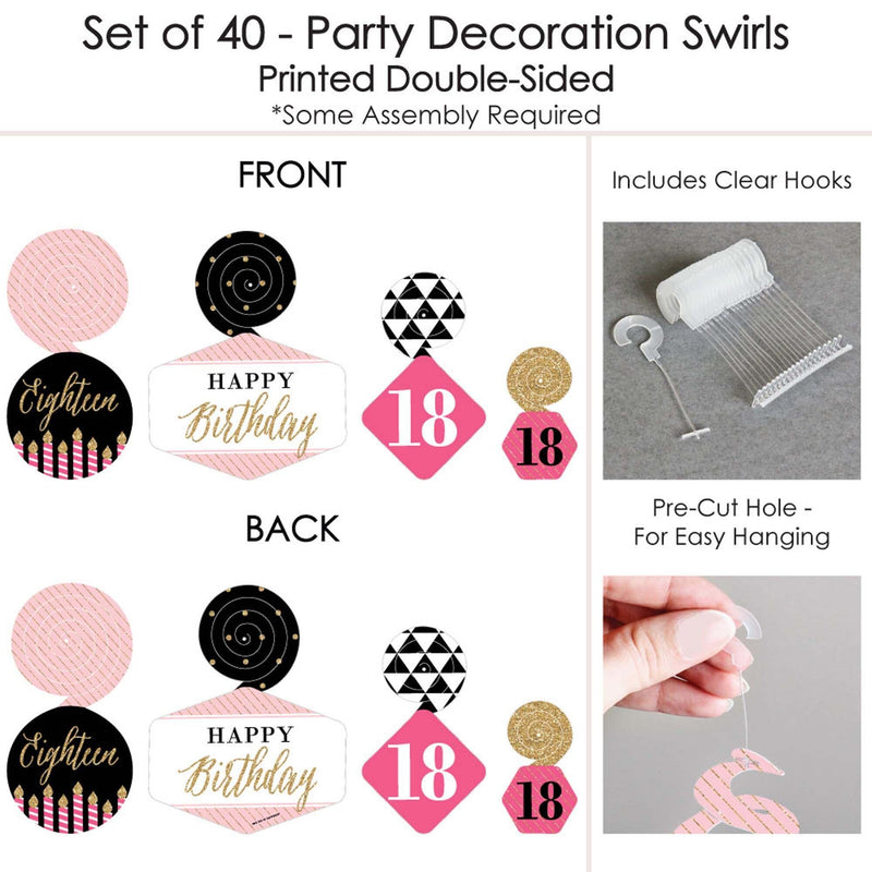 Chic 18th Birthday - Pink, Black and Gold - Birthday Party Hanging Decor - Party Decoration Swirls - Set of 40