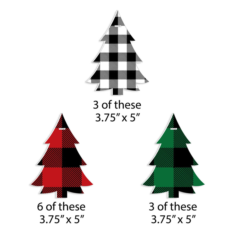 Holiday Plaid Trees - Buffalo Plaid Christmas Party Decorations - Christmas Tree Ornaments - Set of 12