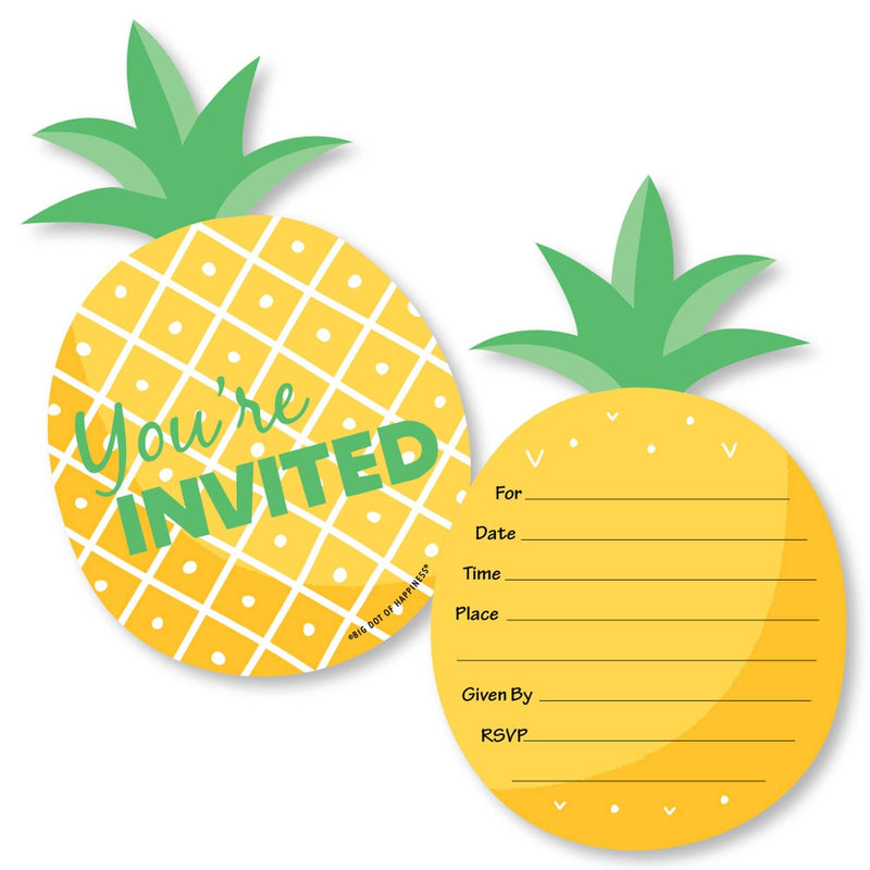 Tropical Pineapple - Shaped Fill-In Invitations - Summer Party Invitation Cards with Envelopes - Set of 12