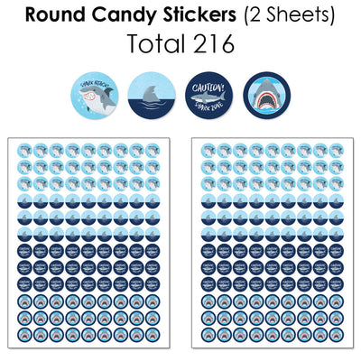 Shark Zone - Mini Candy Bar Wrappers, Round Candy Stickers and Circle Stickers - Jawsome Shark Party or Birthday Party Candy Favor Sticker Kit - 304 Pieces