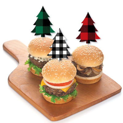 Holiday Plaid Trees - Dessert Cupcake Toppers - Buffalo Plaid Christmas Party Clear Treat Picks - Set of 24