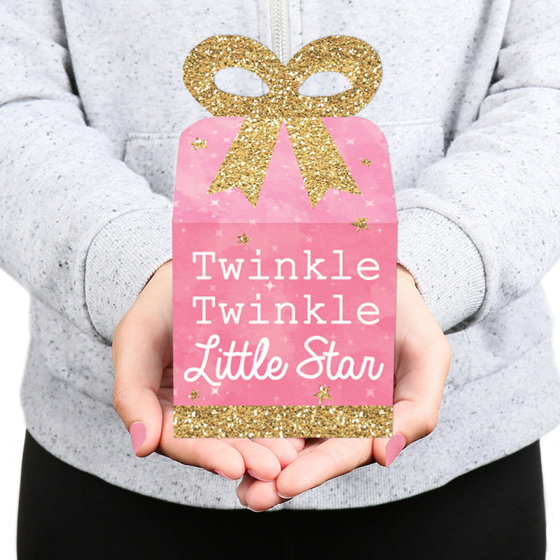 Pink Twinkle Twinkle Little Star - Square Favor Gift Boxes - Baby Shower or Birthday Party Bow Boxes - Set of 12