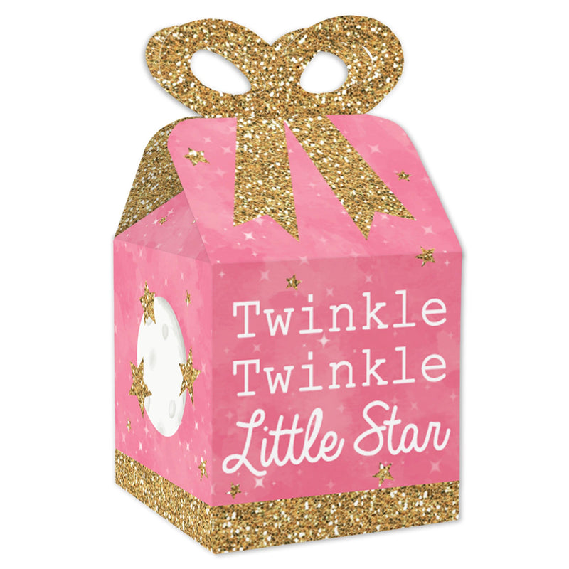 Pink Twinkle Twinkle Little Star - Square Favor Gift Boxes - Baby Shower or Birthday Party Bow Boxes - Set of 12