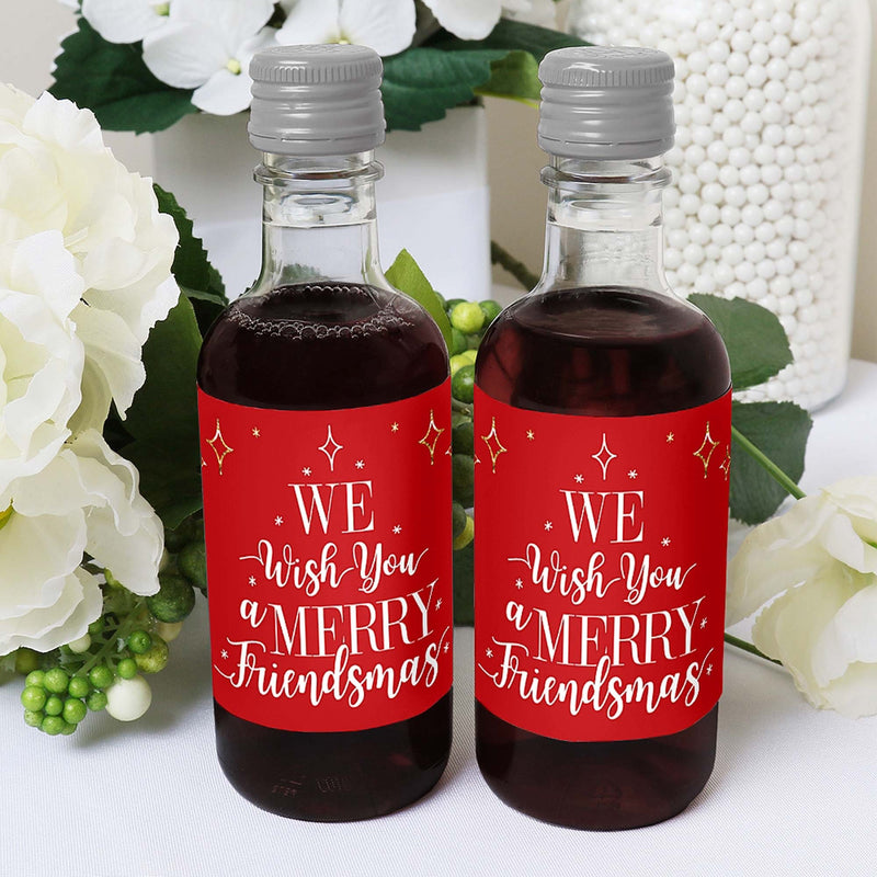 Red and Gold Friendsmas - Mini Wine and Champagne Bottle Label Stickers - Friends Christmas Party Favor Gift - For Women and Men - Set of 16