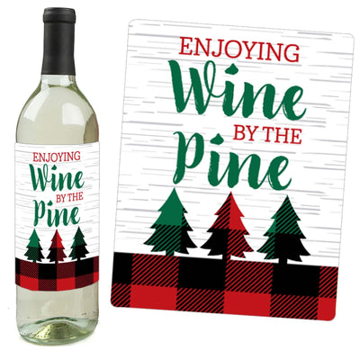 Holiday Plaid Trees - Buffalo Plaid Christmas Party Decorations for Women and Men - Wine Bottle Label Stickers - Set of 4