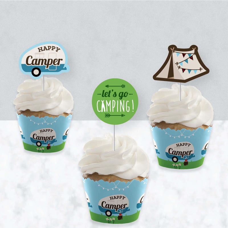 Happy Camper - Cupcake Decoration - Camping Baby Shower or Birthday Party Cupcake Wrappers and Treat Picks Kit - Set of 24