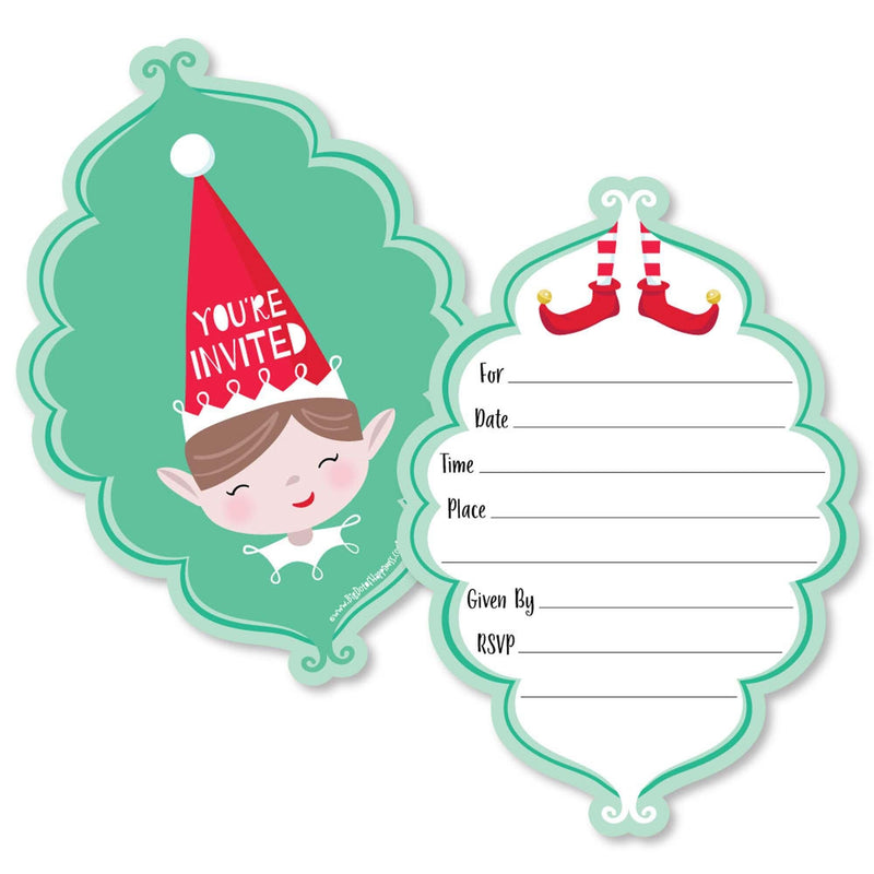 Elf Squad - Shaped Fill-In Invitations - Kids Elf Christmas and Birthday Party Invitation Cards with Envelopes - Set of 12