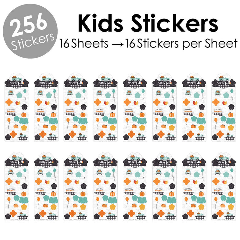 Happy Fall Truck - Harvest Pumpkin Party Favor Kids Stickers - 16 Sheets - 256 Stickers