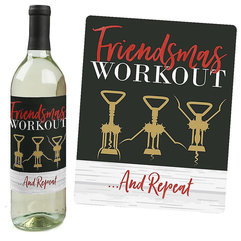 Rustic Merry Friendsmas - Friends Christmas Party Decorations for Women and Men - Wine Bottle Label Stickers - Set of 4