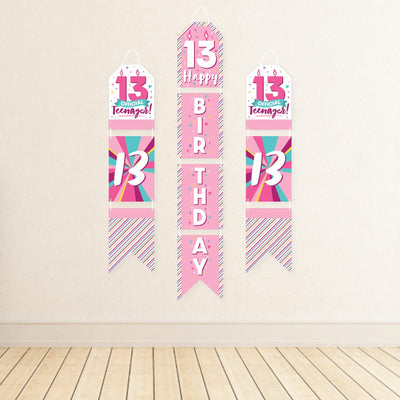 Girl 13th Birthday - Hanging Vertical Paper Door Banners - Official Teenager Birthday Party Wall Decoration Kit - Indoor Door Decor