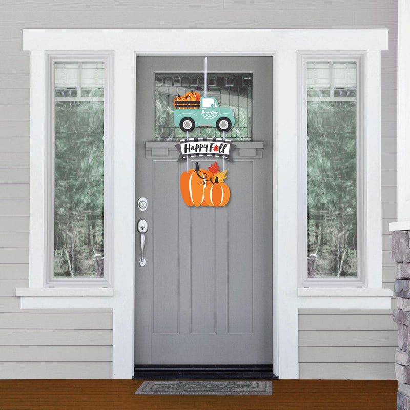 Happy Fall Truck - Hanging Porch Harvest Pumpkin Party Outdoor Decorations - Front Door Decor - 3 Piece Sign