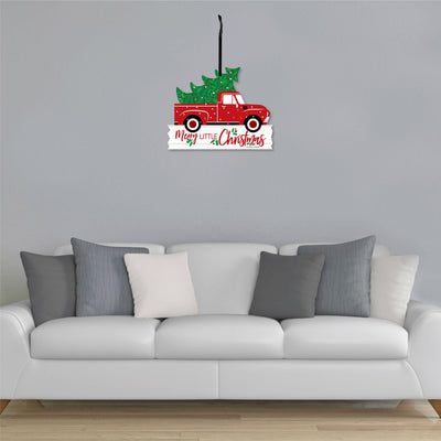 Merry Little Christmas Tree - Hanging Porch Red Truck Christmas Party Outdoor Decorations - Front Door Decor - 1 Piece Sign