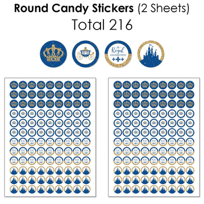 Royal Prince Charming - Mini Candy Bar Wrappers, Round Candy Stickers and Circle Stickers - Baby Shower or Birthday Party Candy Favor Sticker Kit - 304 Pieces