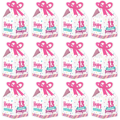 Girl 13th Birthday - Square Favor Gift Boxes - Official Teenager Birthday Party Bow Boxes - Set of 12