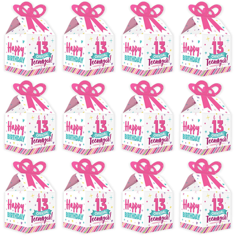 Girl 13th Birthday - Square Favor Gift Boxes - Official Teenager Birthday Party Bow Boxes - Set of 12