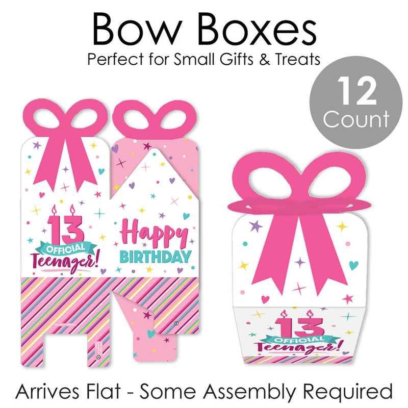 Girl 13th Birthday - Square Favor Gift Boxes - Official Teenager Birthday Party Bow Boxes - Set of 12