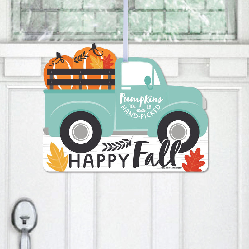 Happy Fall Truck - Hanging Porch Harvest Pumpkin Party Outdoor Decorations - Front Door Decor - 1 Piece Sign