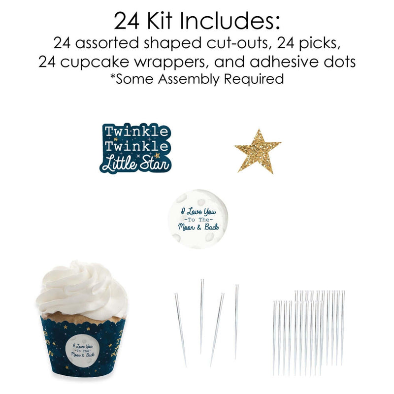 Twinkle Twinkle Little Star - Cupcake Decorations - Baby Shower or Birthday Party Cupcake Wrappers and Treat Picks Kit - Set of 24