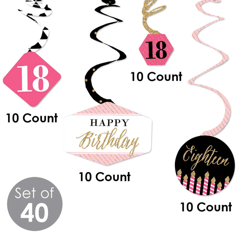 Chic 18th Birthday - Pink, Black and Gold - Birthday Party Hanging Decor - Party Decoration Swirls - Set of 40