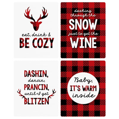 Prancing Plaid - Christmas and Holiday Buffalo Plaid Party Decorations for Women and Men - Wine Bottle Label Stickers - Set of 4