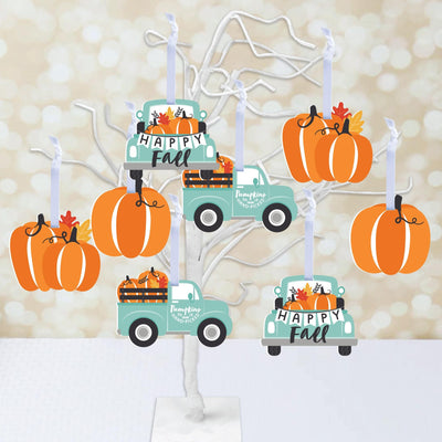 Happy Fall Truck - Harvest Pumpkin Decorations - Tree Ornaments - Set of 12