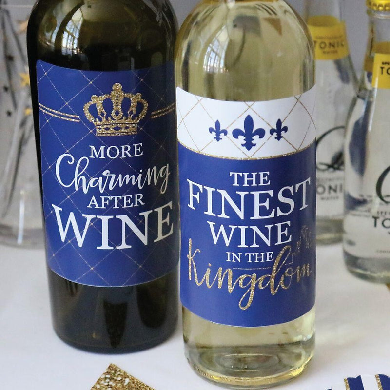 Royal Prince Charming - Prince Baby Shower or Birthday Party Decorations for Women and Men - Wine Bottle Label Stickers - Set of 4