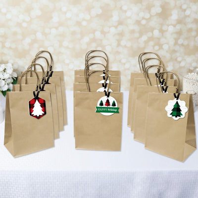 Holiday Plaid Trees - Assorted Hanging Buffalo Plaid Christmas Party Favor Tags - Gift Tag Toppers - Set of 12