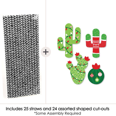 Merry Cactus - Paper Straw Decor - Christmas Cactus Party Striped Decorative Straws - Set of 24