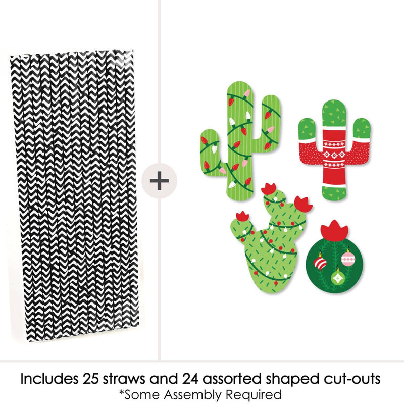 Merry Cactus - Paper Straw Decor - Christmas Cactus Party Striped Decorative Straws - Set of 24