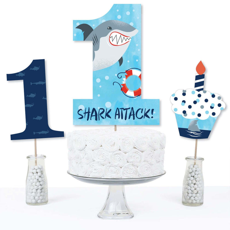 1st Birthday Shark Zone - Jawsome Shark First Birthday Party Centerpiece Sticks - Table Toppers - Set of 15