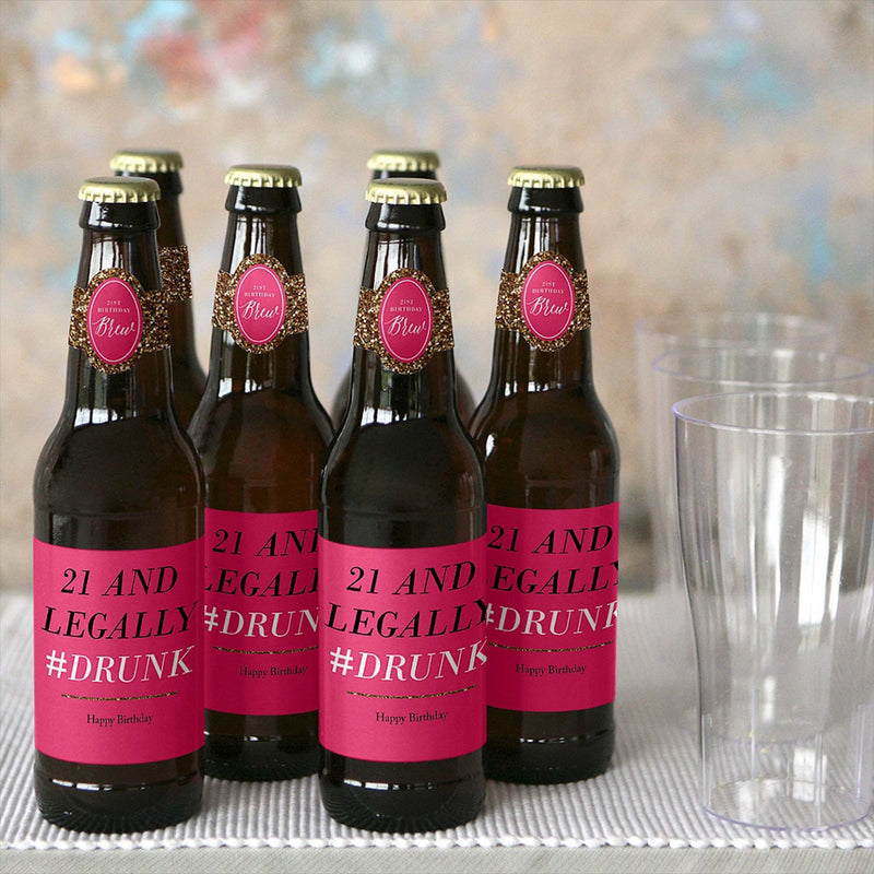 Finally 21 - Girl - Decorations for Women and Men - 6 Beer Bottle Labels and 1 Carrier - Birthday Gift