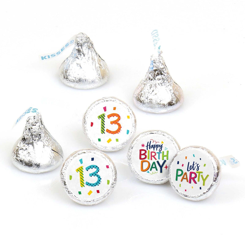 13th Birthday - Cheerful Happy Birthday - Round Candy Labels Colorful Thirteenth Birthday Party Favors - Fits Hershey&