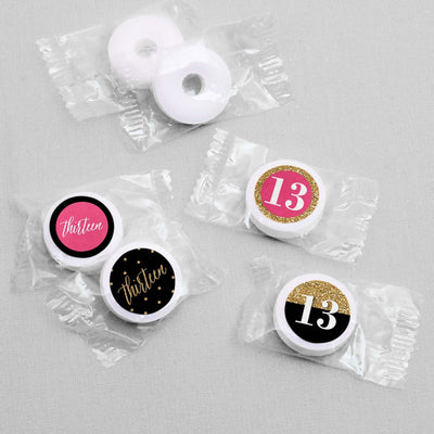 Chic 13th Birthday - Pink, Black and Gold - Round Candy Labels Birthday Party Favors - Fits Hershey's Kisses - 108 ct