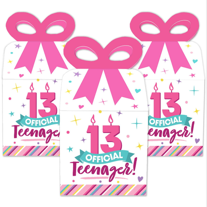 Girl 13th Birthday - Square Favor Gift Boxes - Official Teenager Birthday Party Bow Boxes - Set of 12