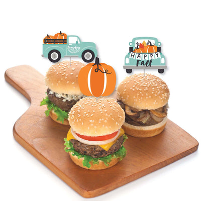 Happy Fall Truck - Dessert Cupcake Toppers - Harvest Pumpkin Party Clear Treat Picks - Set of 24