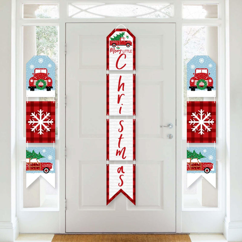 Merry Little Christmas Tree - Hanging Vertical Paper Door Banners - Red Truck and Car Christmas Party Wall Decoration Kit - Indoor Door Decor