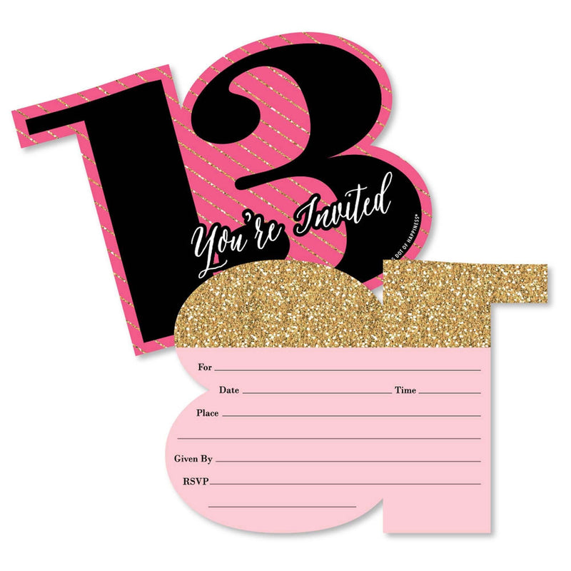 Chic 13th Birthday - Pink, Black and Gold - Shaped Fill-In Invitations - Birthday Party Invitation Cards with Envelopes - Set of 12