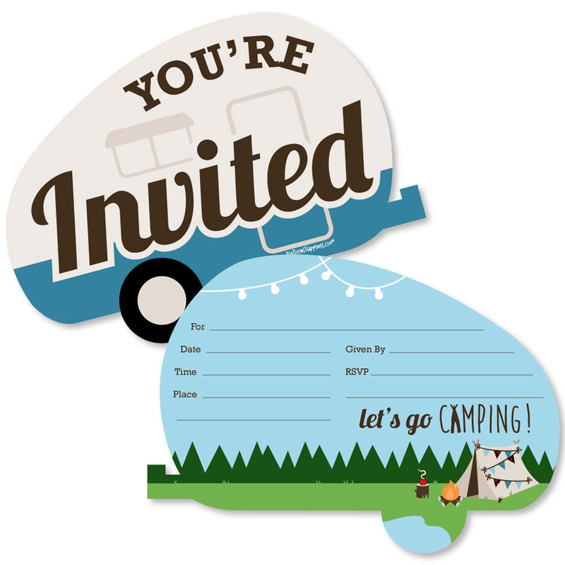 Happy Camper - Shaped Fill-In Invitations - Camping Baby Shower or Birthday Party Invitation Cards with Envelopes - Set of 12