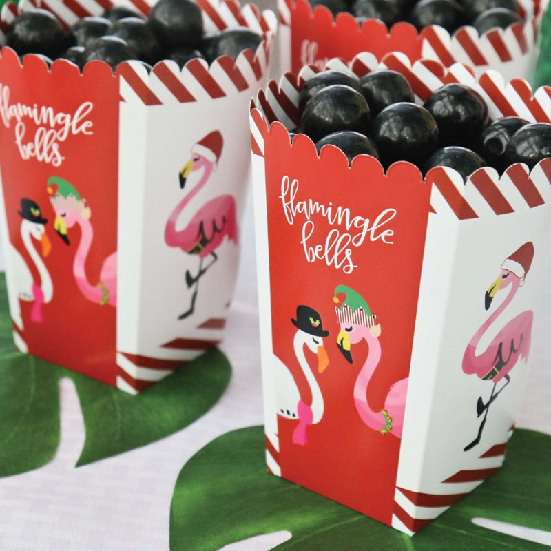 Flamingle Bells - Tropical Flamingo Christmas Party Favor Popcorn Treat Boxes - Set of 12