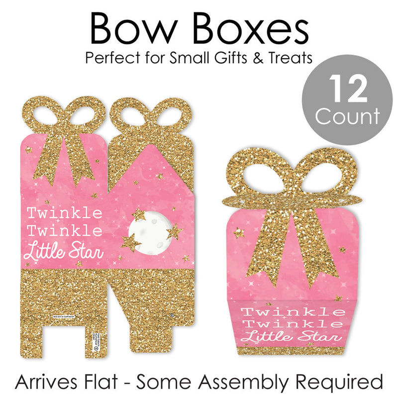 Pink Twinkle Twinkle Little Star - Square Favor Gift Boxes - Baby Shower or Birthday Party Bow Boxes - Set of 12