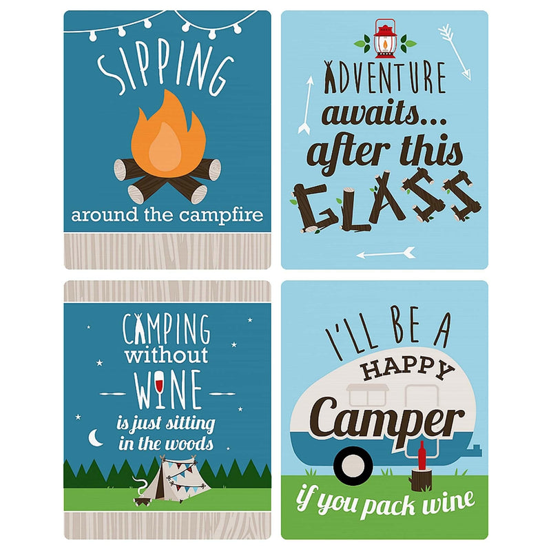 Happy Camper - Camping Baby Shower or Birthday Party Decorations for Women and Men - Wine Bottle Label Stickers - Set of 4