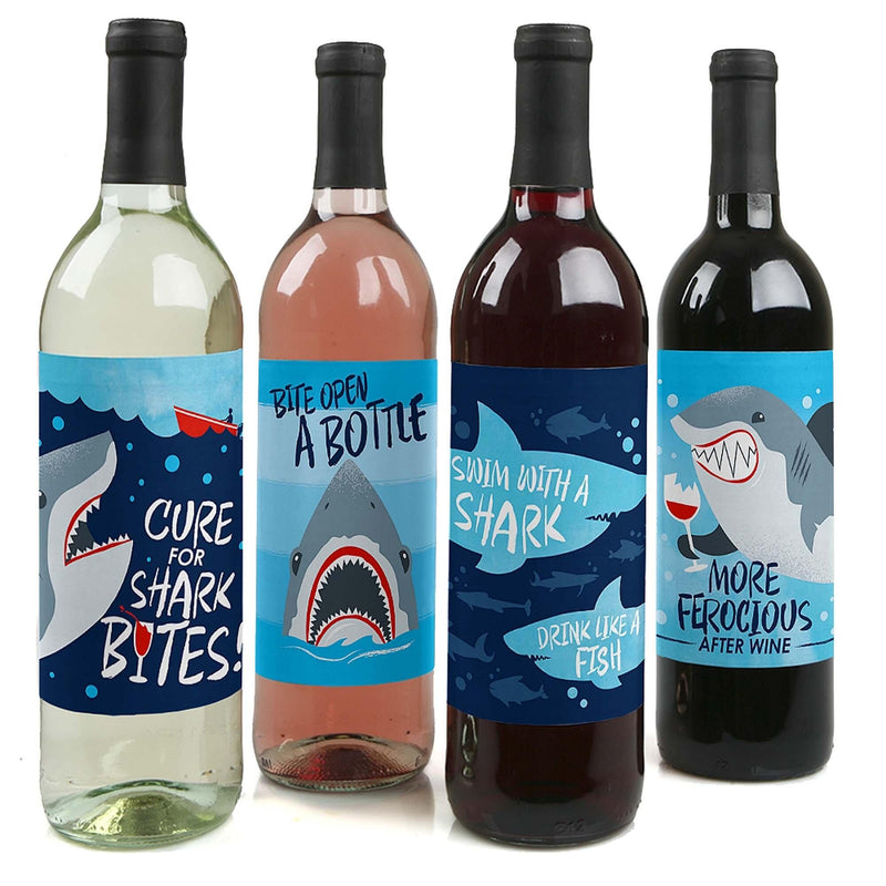 Shark Zone - Jawsome Shark Party Decorations for Women and Men - Wine Bottle Label Stickers - Set of 4