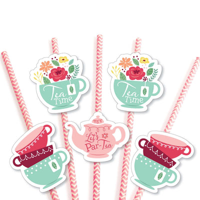 Floral Let's Par-Tea - Paper Straw Decor - Garden Tea Party Striped Decorative Straws - Set of 24