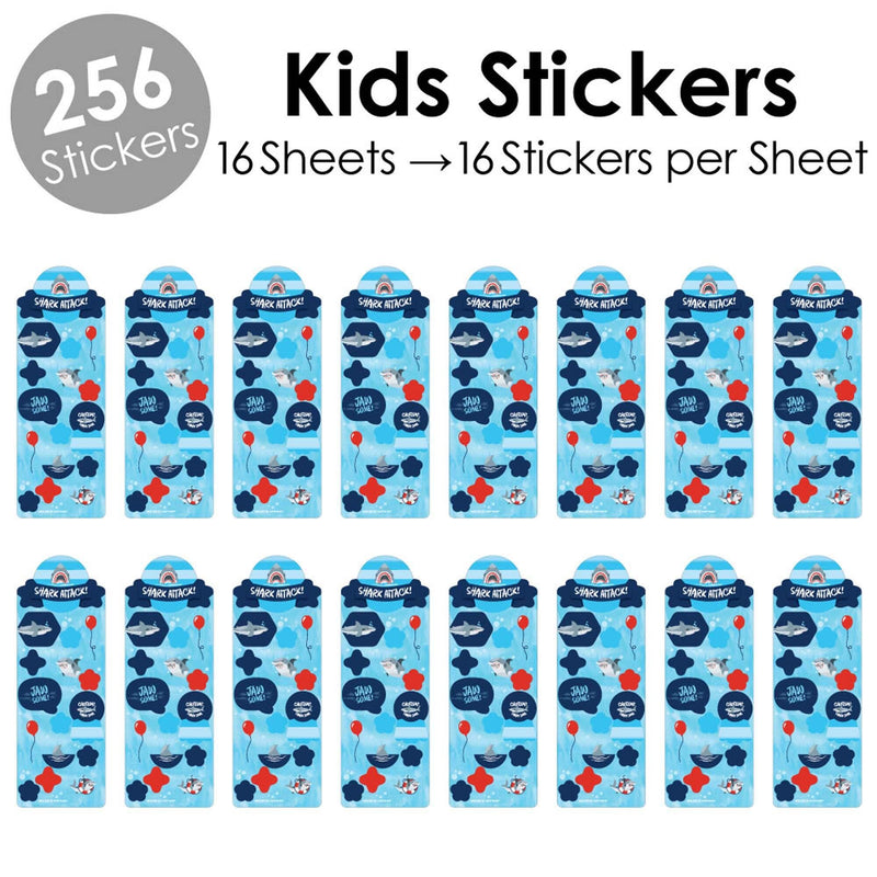 Shark Zone - Jawsome Shark Birthday Party Favor Kids Stickers - 16 Sheets - 256 Stickers