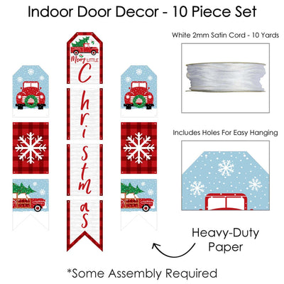 Merry Little Christmas Tree - Hanging Vertical Paper Door Banners - Red Truck and Car Christmas Party Wall Decoration Kit - Indoor Door Decor