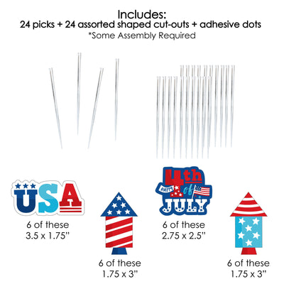 Firecracker 4th of July - Dessert Cupcake Toppers - Red, White and Royal Blue Party Clear Treat Picks - Set of 24