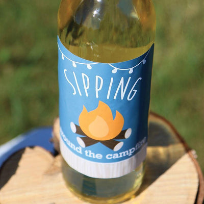 Happy Camper - Camping Baby Shower or Birthday Party Decorations for Women and Men - Wine Bottle Label Stickers - Set of 4