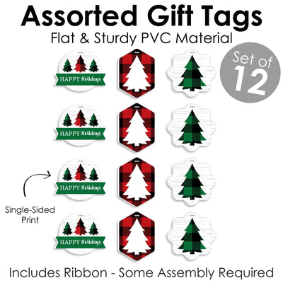 Holiday Plaid Trees - Assorted Hanging Buffalo Plaid Christmas Party Favor Tags - Gift Tag Toppers - Set of 12